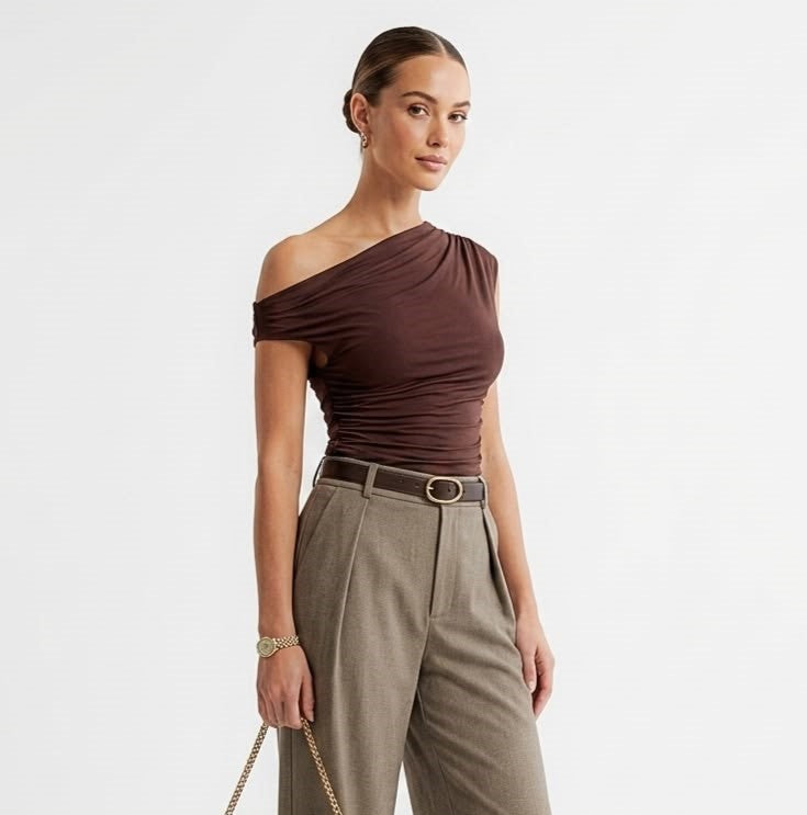 taupe off-shoulder short sleeve top