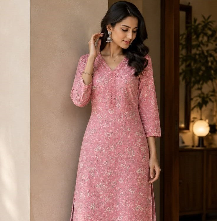 women pink floral kurta